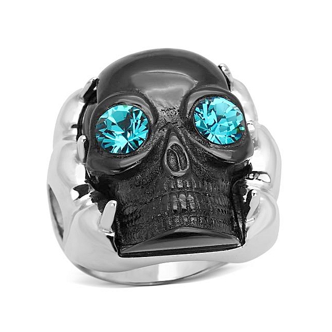 14K Two Tone (Black & Silver) Skull Fashion Ring Blue Zircon Crystal
