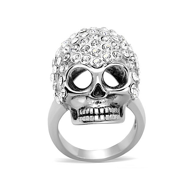 Silver Tone Skull Fashion Ring Clear Crystal