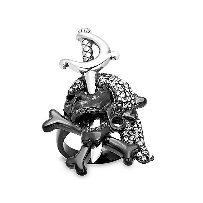 14K Two Tone (Black & Silver) Pirate Skull Fashion Ring Black Crystal