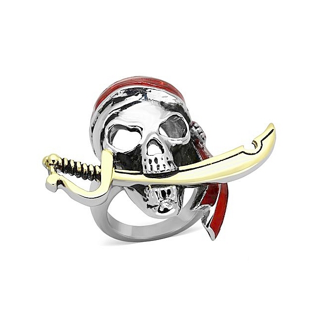 14K Two Tone (Gold & Silver) Pirate Skull Fashion Ring Siam Epoxy