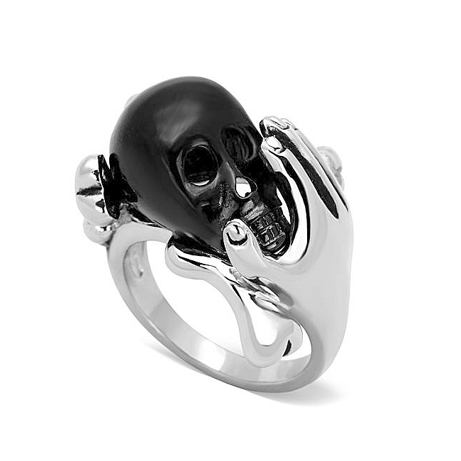 14K Two Tone (Black & Silver) Skull Fashion Ring Black Epoxy