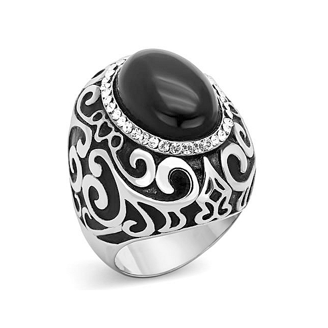Silver Tone Fashion Ring Black Synthetic CatEye
