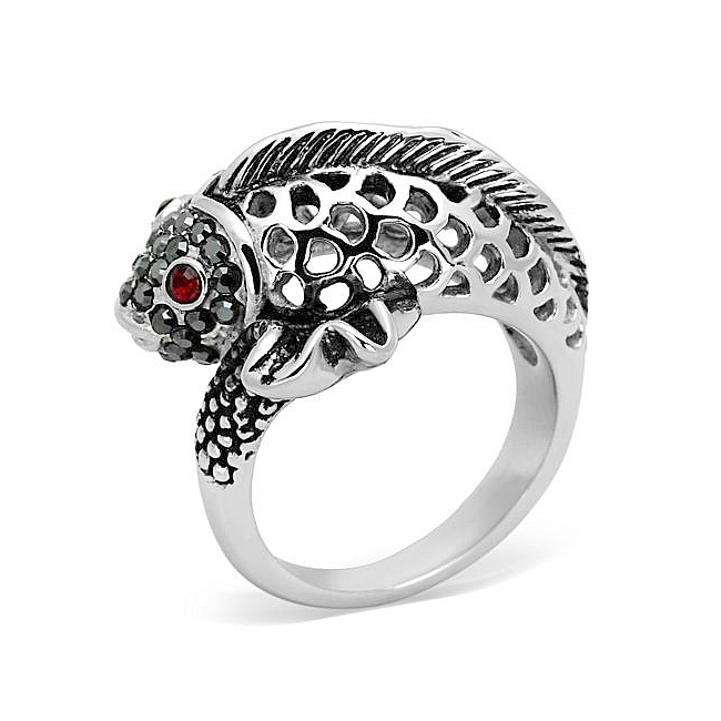 Silver Tone Fish Animal Fashion Ring Siam Crystal