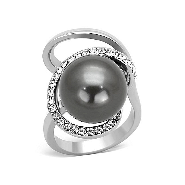 Silver Tone Fashion Ring Gray Synthetic Pearl