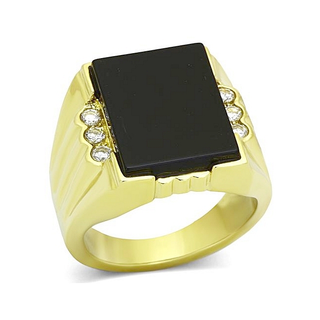 14K Gold Plated Square Fashion Ring Black Synthetic Onyx
