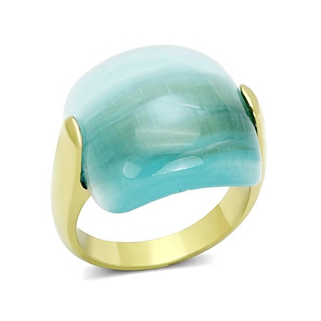 14K Gold Plated Fashion Ring Aqua Synthetic CatEye