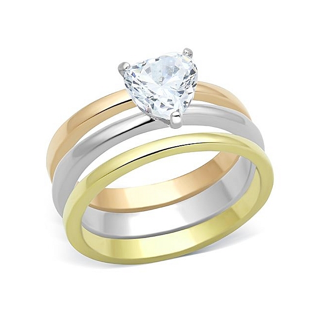 Stylish Ion Tri Tone (Gold & Rose Gold & Silver) Solitaire Engagement Wedding Ring Set Clear CZ