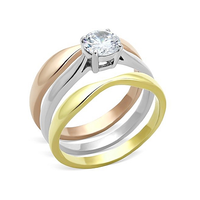 Stunning Ion Tri Tone (Gold & Rose Gold & Silver) Solitaire Engagement Wedding Ring Set Clear CZ