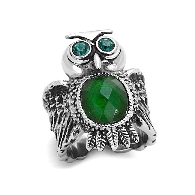 Silver Tone Owl Animal Fashion Ring Emerald Synthetic Glass