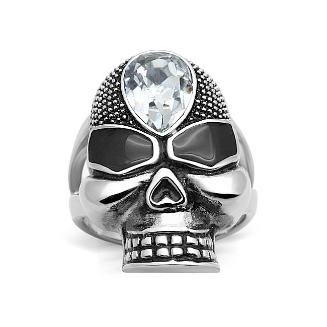Silver Tone Skull Fashion Ring Clear Crystal