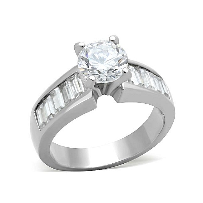 Silver Tone Side Stone Engagement Ring Clear CZ