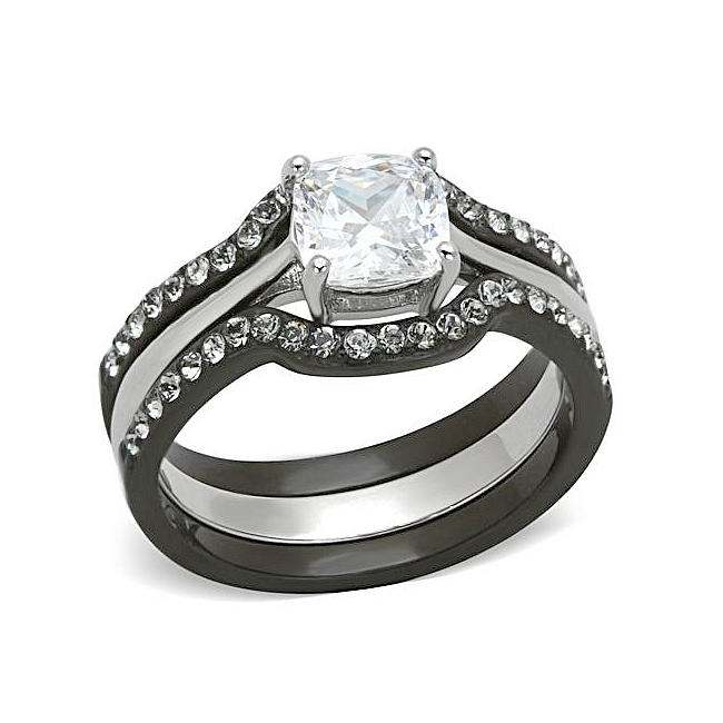 Black & Silver Tone Princess Cut Wedding Ring Set Clear CZ