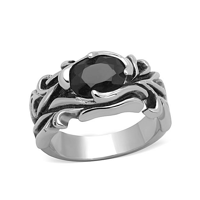 Silver Tone Vintage Mens Ring Black Synthetic Glass