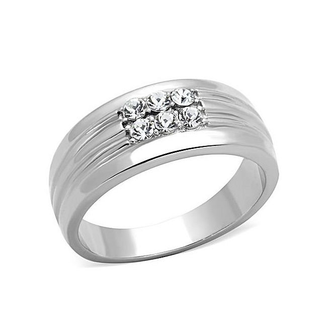 Extraordinary Silver Tone Band Mens Ring Clear Crystal