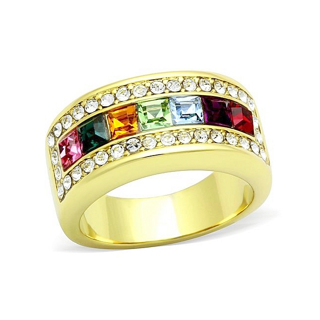 14K Gold Plated Band Fashion Ring Multi Color Crystal