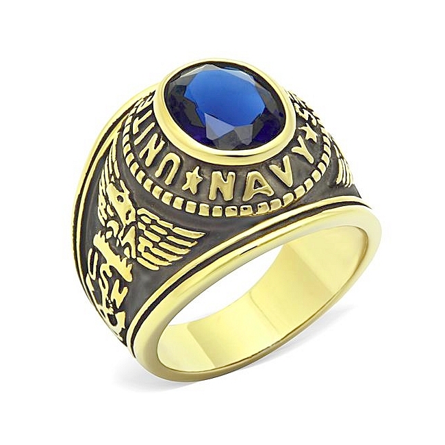 14K Gold Plated Army / Military Mens Ring Montana Synthetic Glass