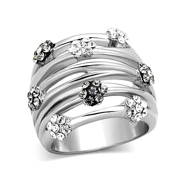Silver Tone Fashion Ring Black Crystal