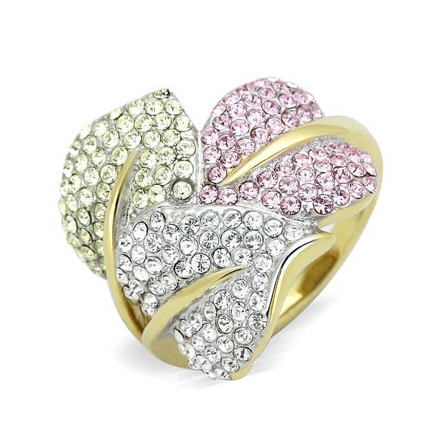 Lovely 3 Leaf Fashion Ring with Multi Color Crystal Pave