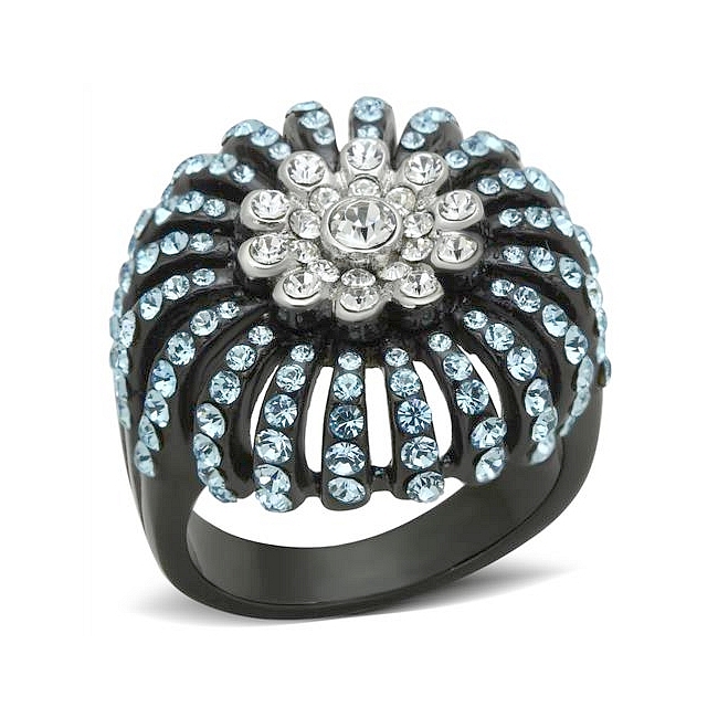14K Two Tone (Black & Silver) Pave Fashion Ring Sea Blue Crystal
