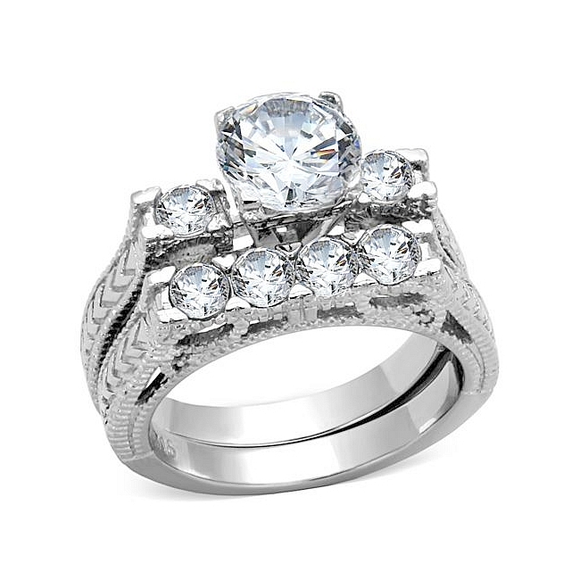 Stunning Silver Tone Pave Engagement Wedding Ring Set Clear CZ