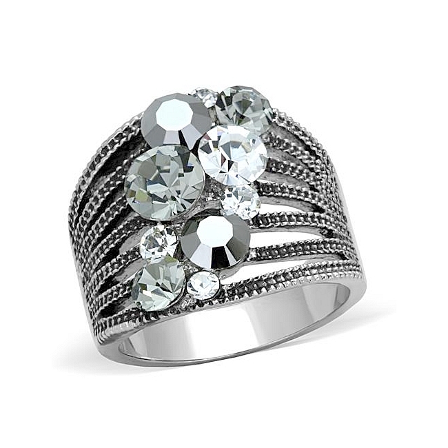 Silver Tone Modern Fashion Ring Black Crystal