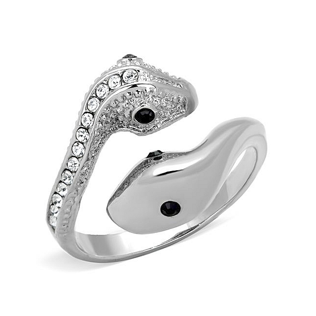 Silver Tone Snake Animal Fashion Ring Black Crystal