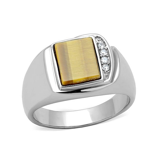 Silver Tone Square Mens Ring Topaz Synthetic Tiger Eye