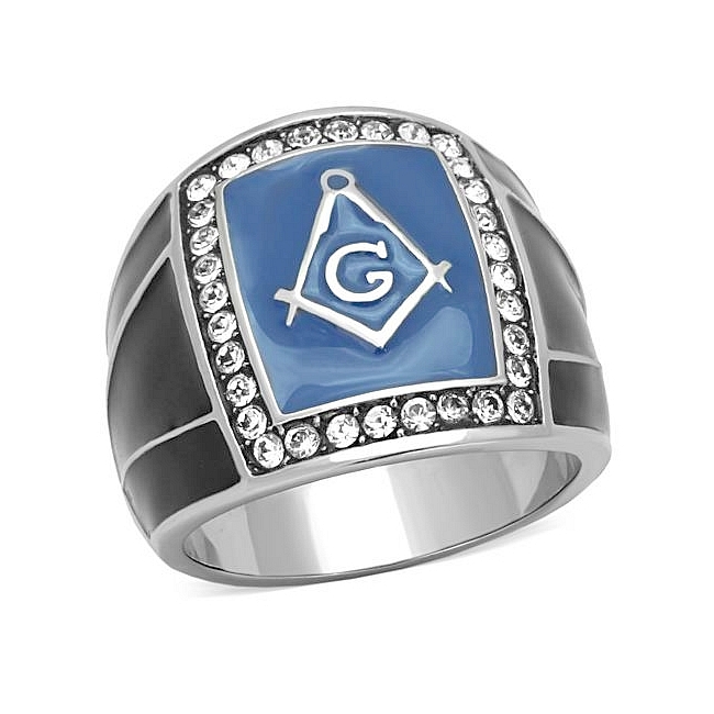 Elegant Silver Tone Masonic Mens Ring Clear Crystal