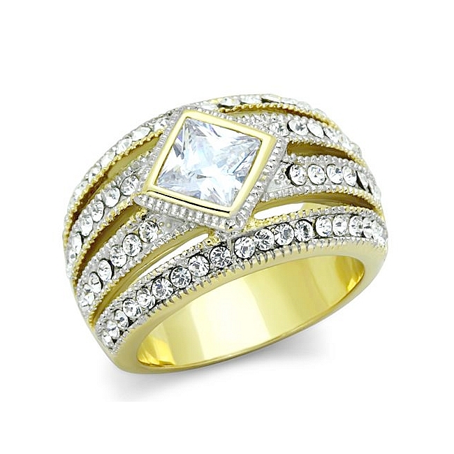 Exclusive 14K Two Tone (Gold & Silver) Band Fashion Ring Clear CZ