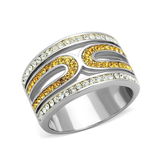 Classic 14K Two Tone (Gold & Silver) Band Fashion Ring Topaz Crystal