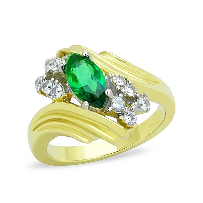 14K Two Tone (Gold & Silver) Flower Fashion Ring Emerald Synthetic Glass