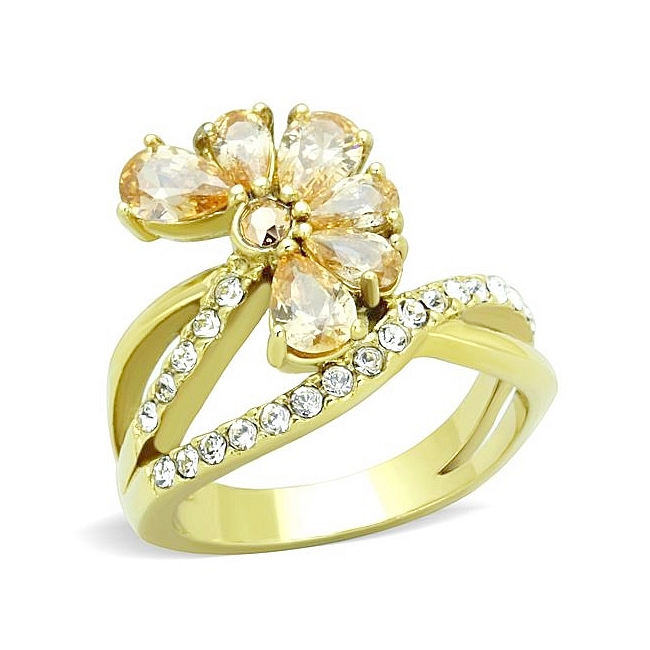 14K Gold Plated Flower Fashion Ring Champagne CZ