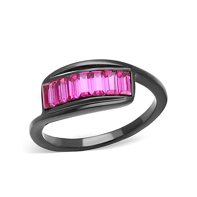 Ion Black Plated Fashion Ring Fuchsia Crystal