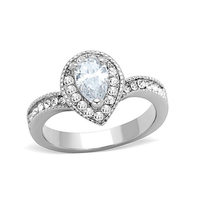 Silver Tone Halo Engagement Ring Clear CZ
