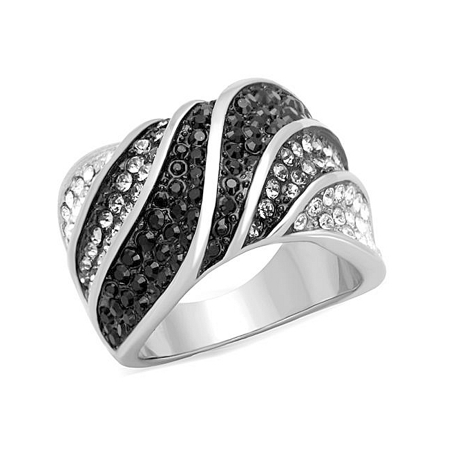 14K Two Tone (Black & Silver) Band Fashion Ring Black Crystal