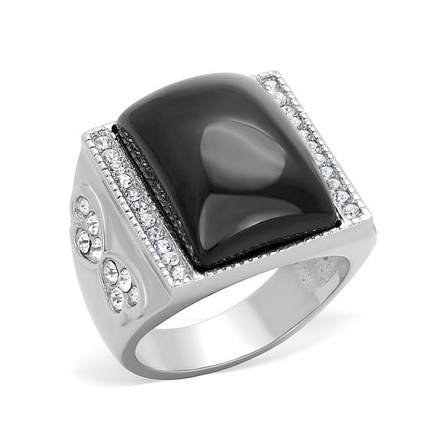 Silver Tone Fashion Ring Black Synthetic Glass