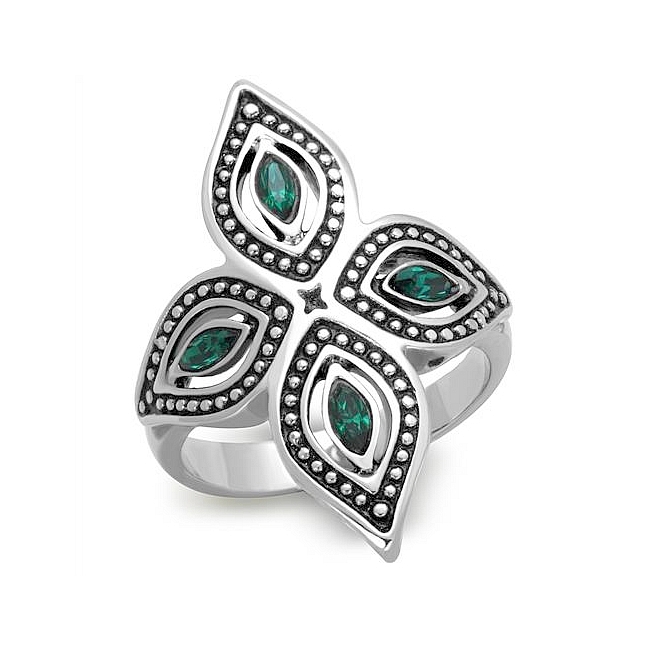 Silver Tone Flower Fashion Ring Emerald Crystal