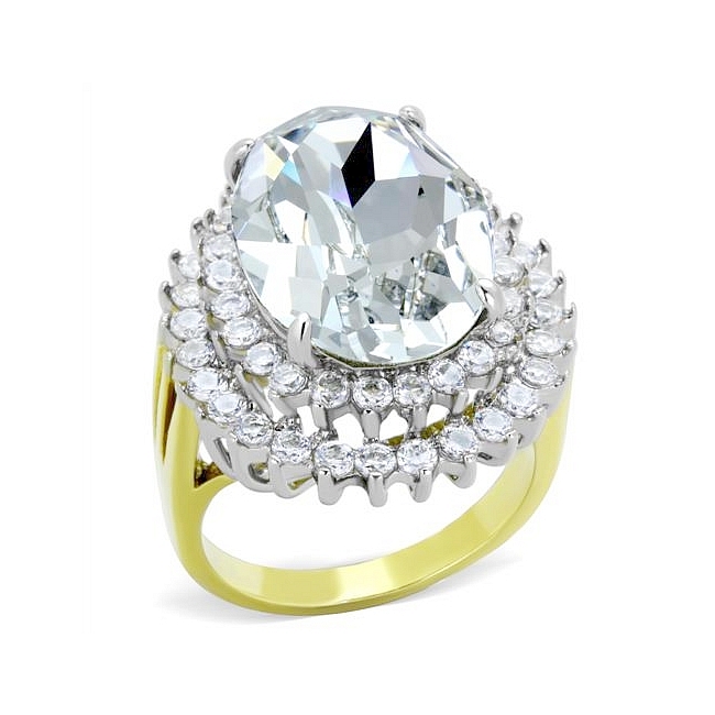 14K Two Tone ( Gold & Silver) Fashion Ring Clear Crystal