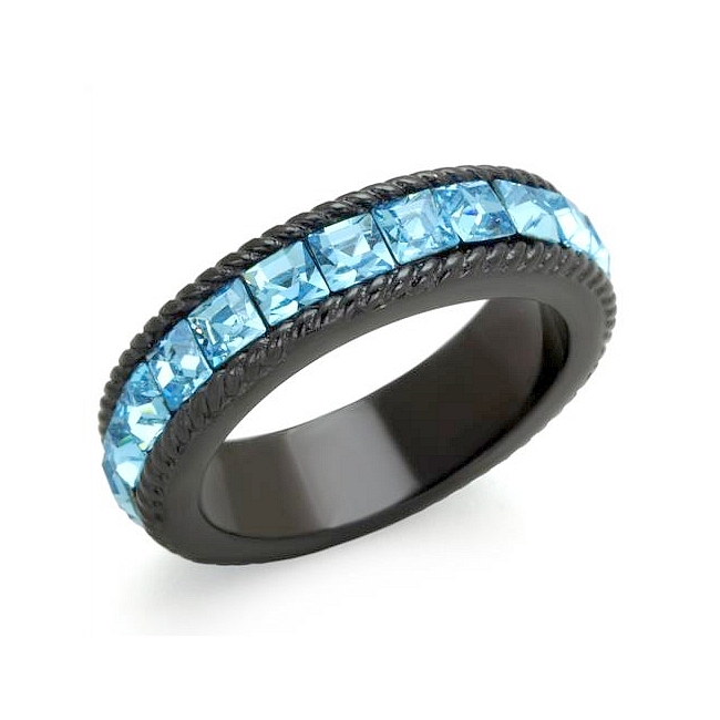 Ion Black Plated Band Fashion Ring Aqua Crystal