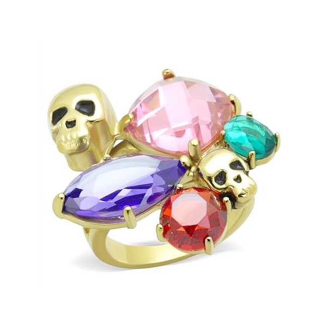 14K Gold Plated Skull Fashion Ring Multi Color CZ