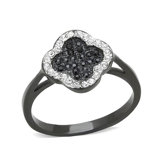 14K Two Tone (Black & Silver) Fashion Ring Black Crystal