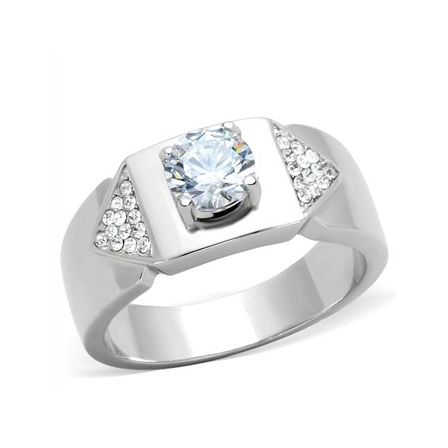 Lovely Silver Tone Modern Mens Ring Clear Cubic Zirconia