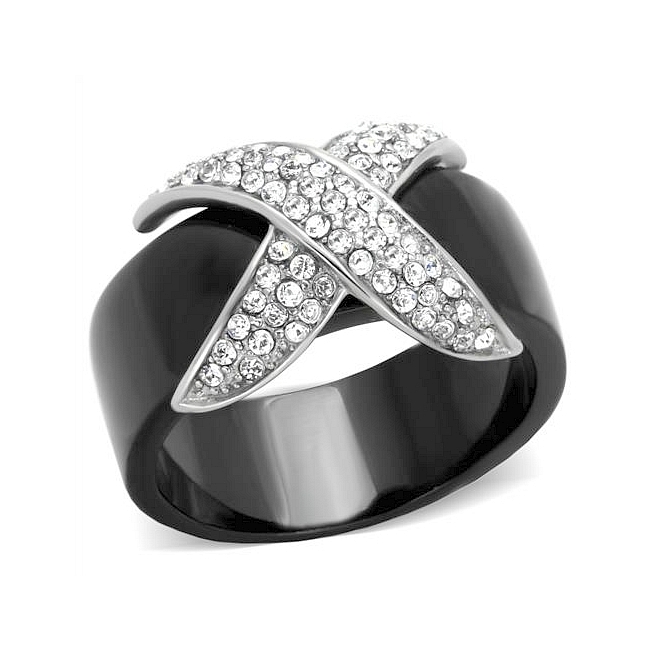 Chanel Style Black & Silver Pave Fashion Ring Clear Crystal
