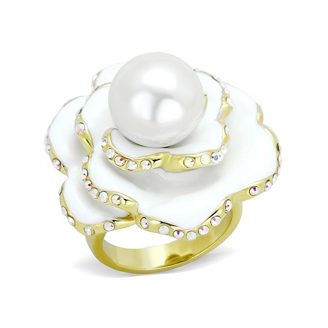 14K Gold Plated Flower Fashion Ring White Synthetic Pearl