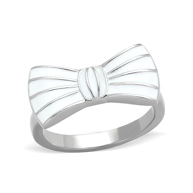 Silver Tone Bow Tie Fashion Ring White Epoxy