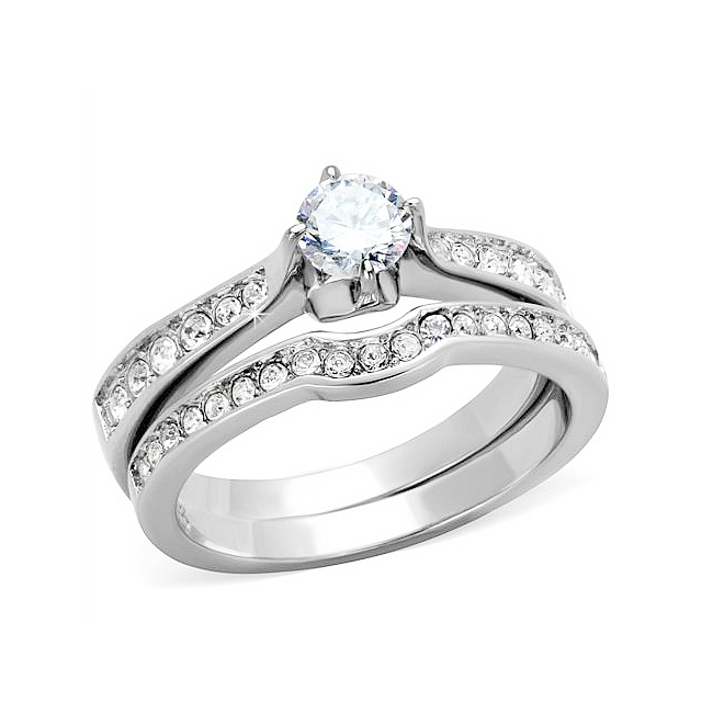Silver Tone East West Engagement Wedding Ring Set Clear CZ