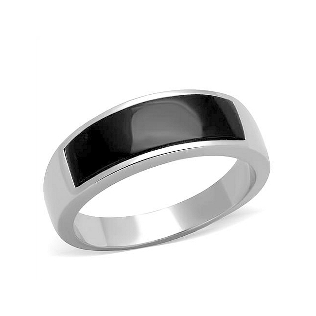 Silver Tone Band Mens Ring Black Synthetic Onyx