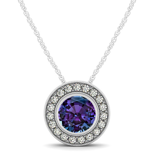Classy Halo Necklace with Round Cut Alexandrite Pendant