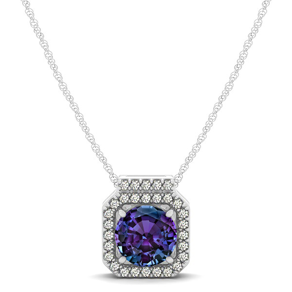 Square Halo Necklace with Round Cut Alexandrite Pendant
