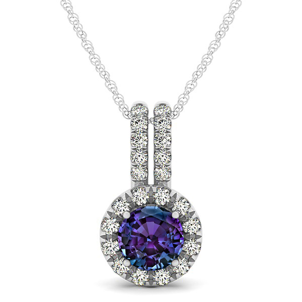 Luxury Halo Drop Necklace with Round Cut Alexandrite Gemstone